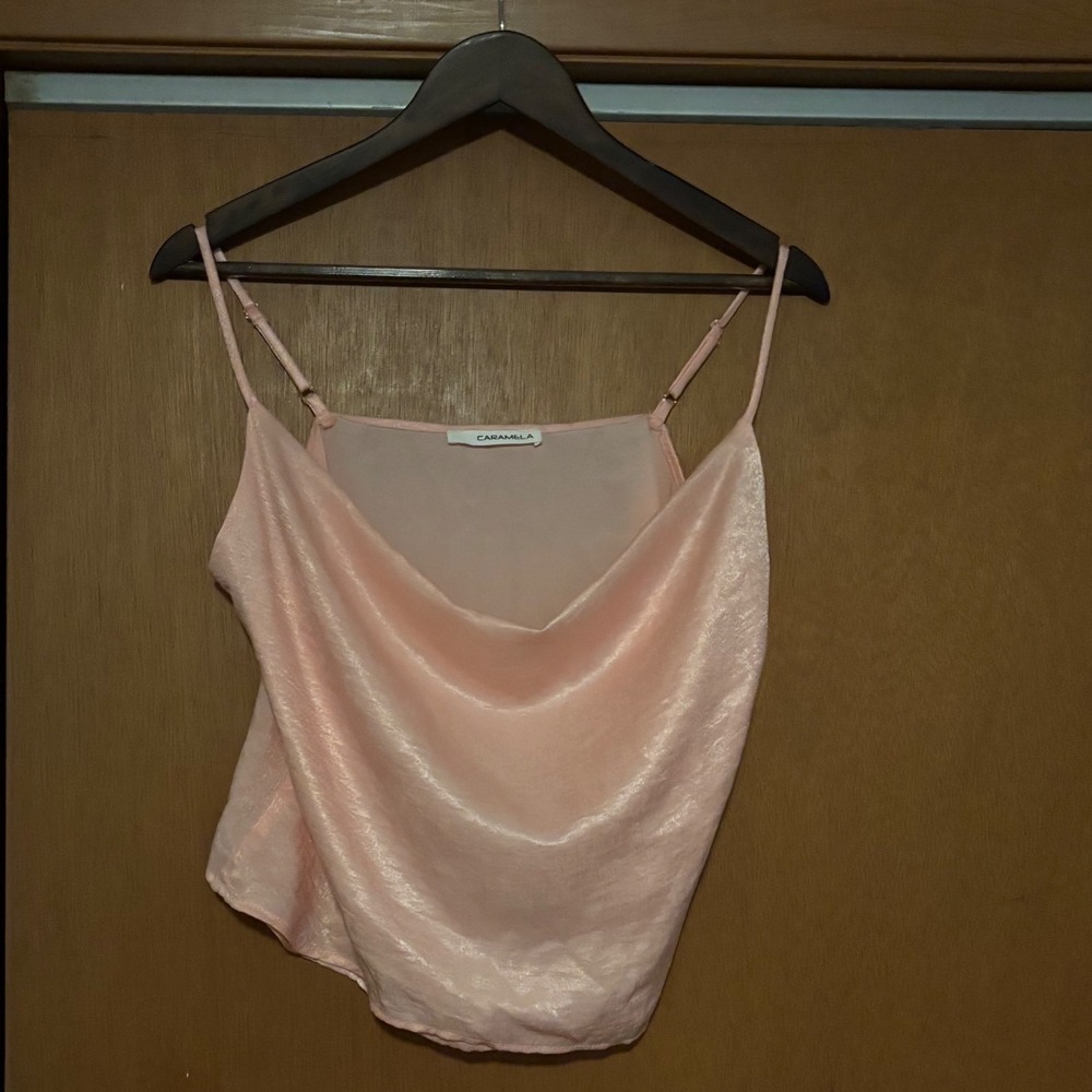 Caramela Peach Satin Cowl Neck Cami Top Hammered Texture Medium CT3076Ssatin - Picture 9 of 10